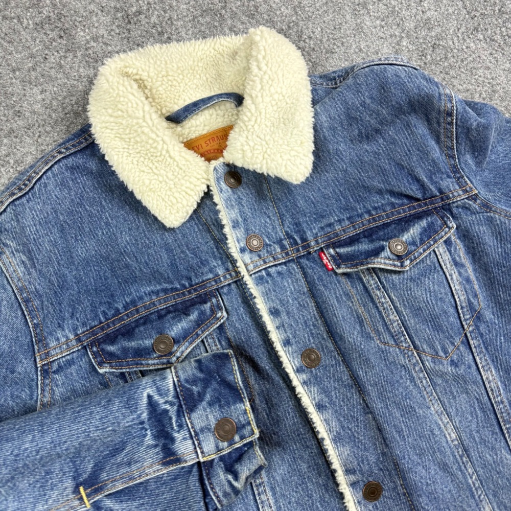 Levi's Sherpa Lined Denim Trucker Jacket Mens Large Blue Faux Shearling Warm